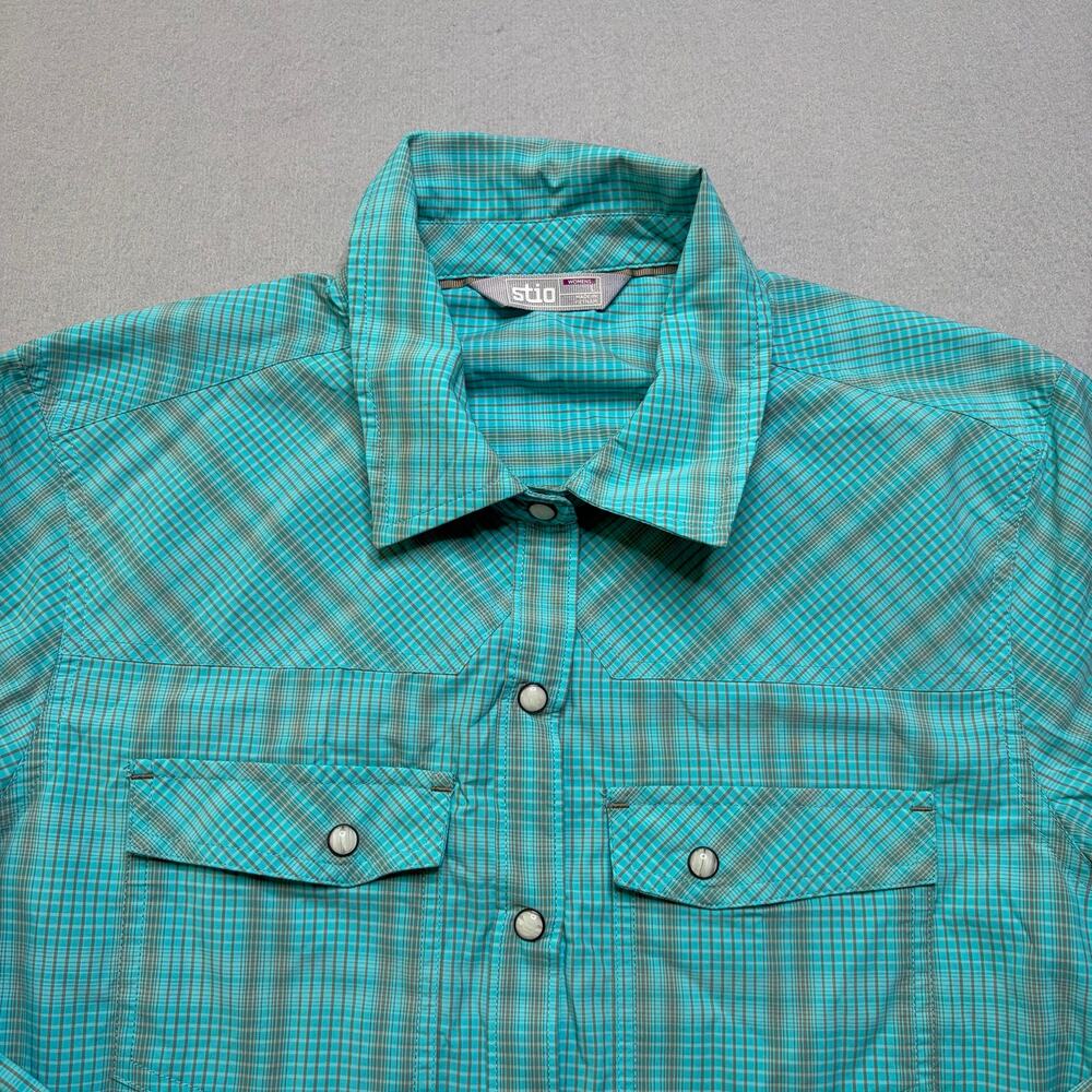 Stio Button Up Shirt Women’s Medium Turquoise Plaid Snap Western Outdoor Hiking - Picture 2 of 10